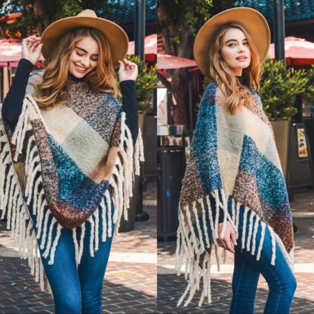 LAST ONE! COZY UP TO  PONCHO-PEACH/BLUE - Picture 2 of 3